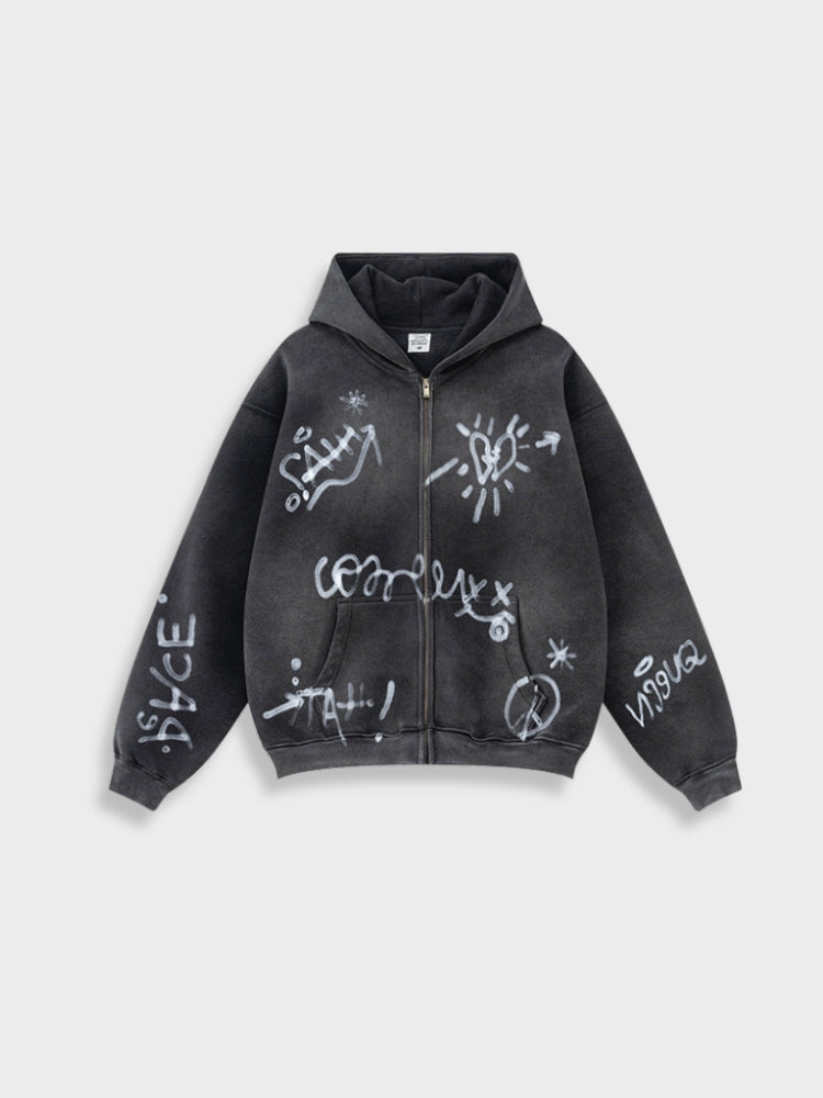 Revelse™ Unisex Graffiti Print Washed Zip-Up Hoodie