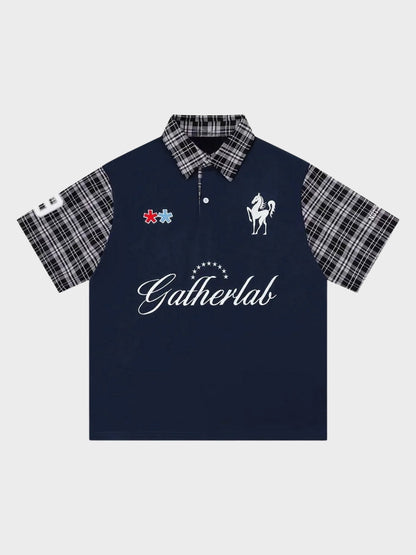 Plaid sleeve cotton polo shirt shown from the front