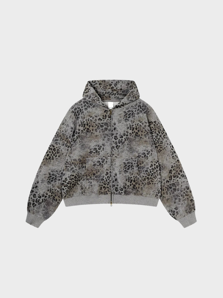 Revelse™ Leopard Print Vintage Washed Zip Hoodie Thick Cotton