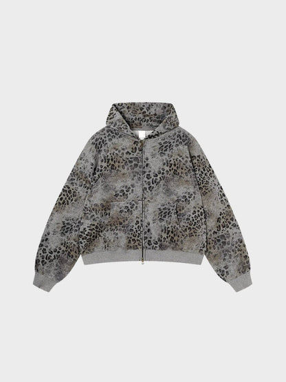 Revelse™ Leopard Print Vintage Washed Zip Hoodie Thick Cotton