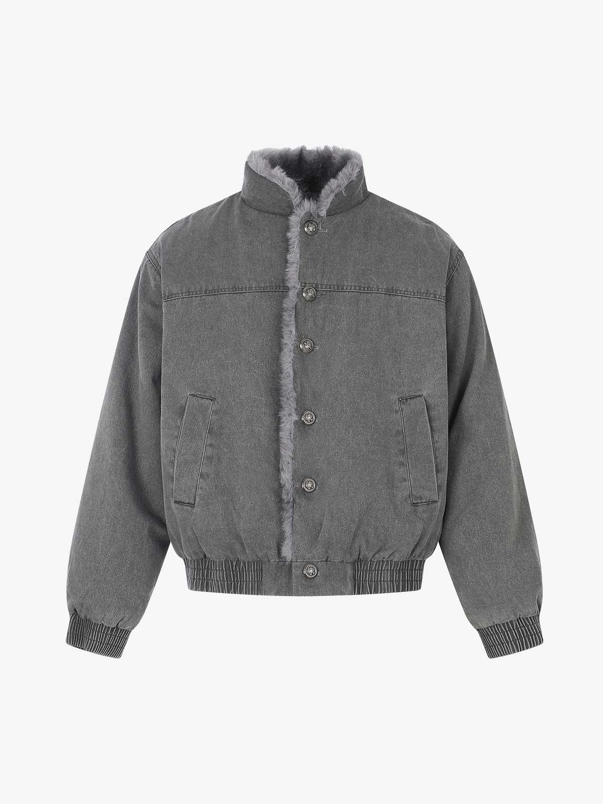 Washed bomber coat with soft faux-fur trim shown from the front