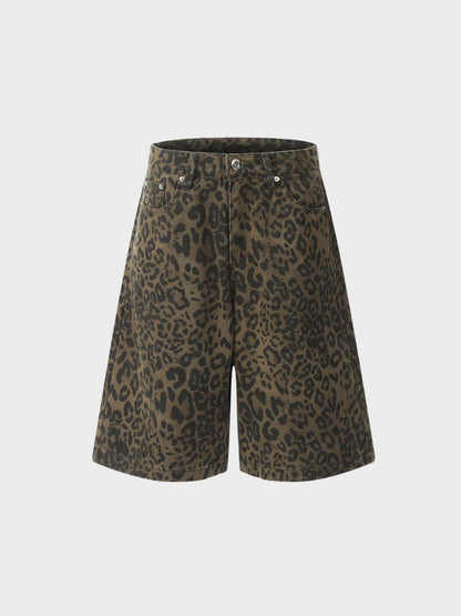 Revelse™ Leopard Print Wide-Leg Denim Shorts