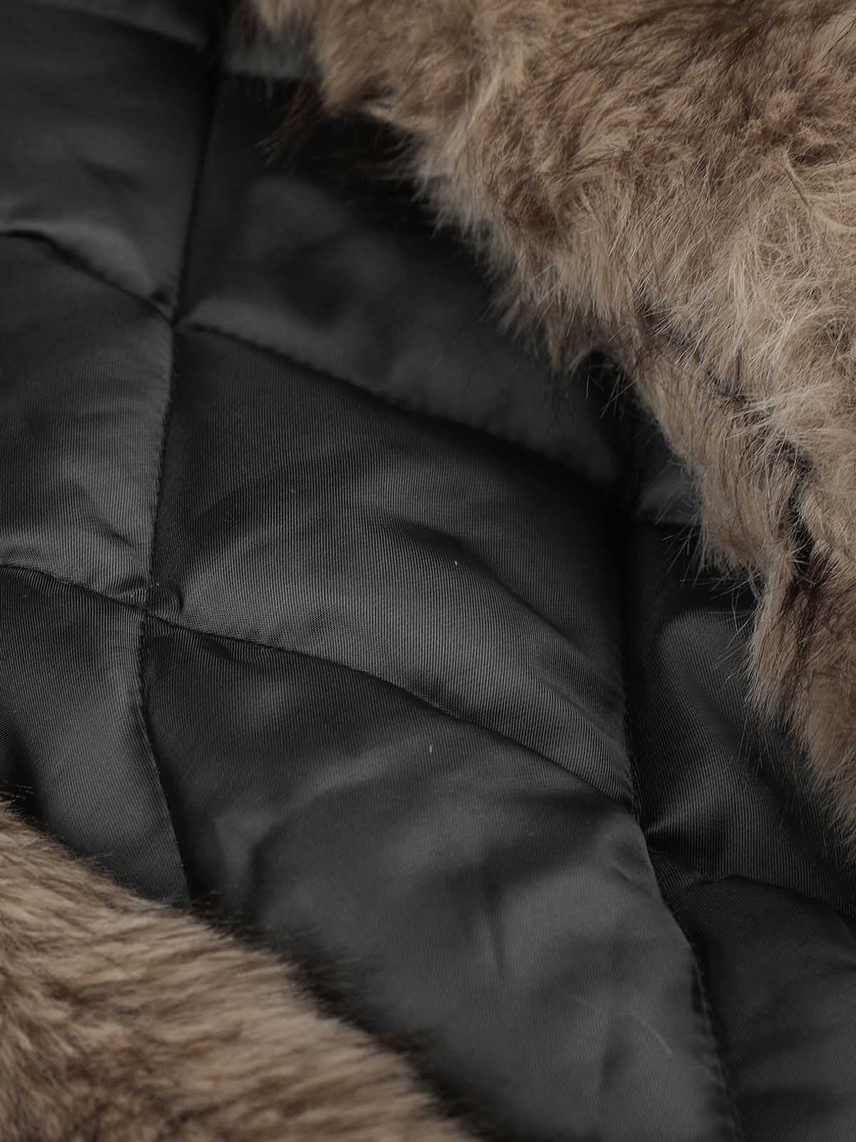 Hood detail on the faux-fur coat with button front