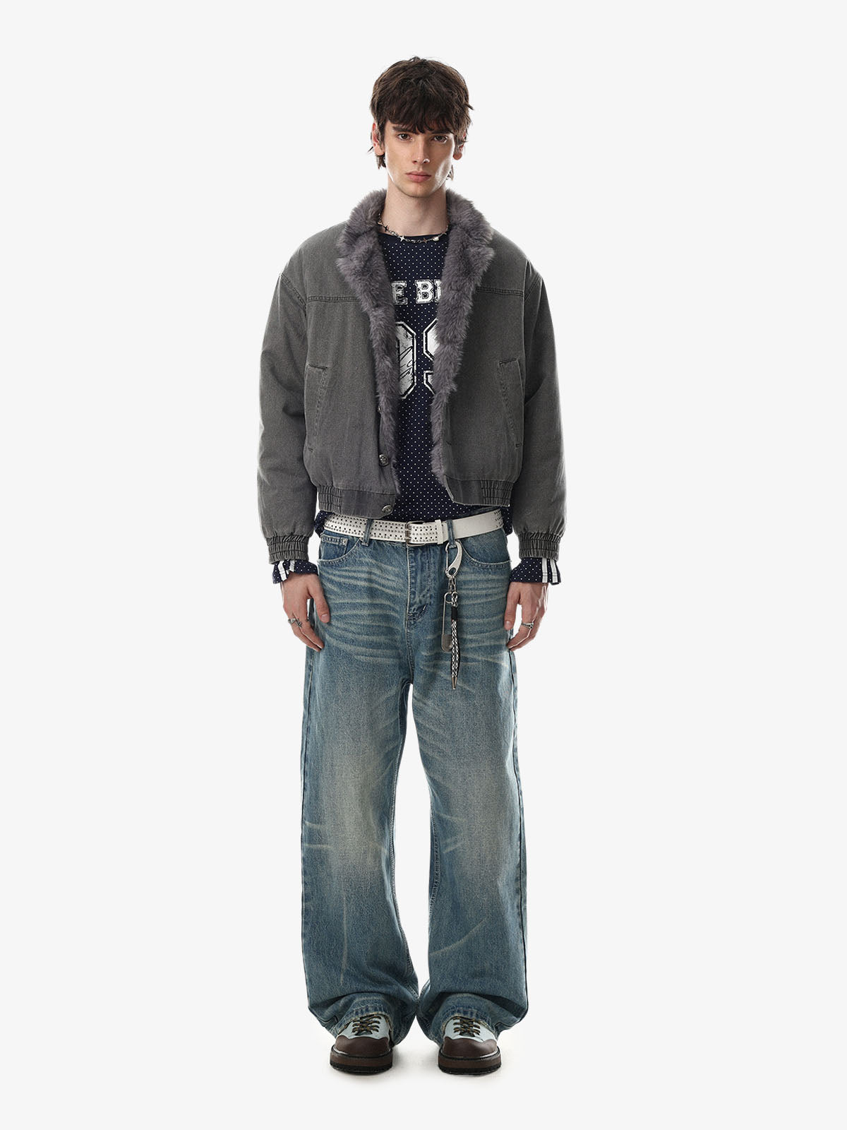 Side view of a washed bomber coat with faux-fur collar trim
