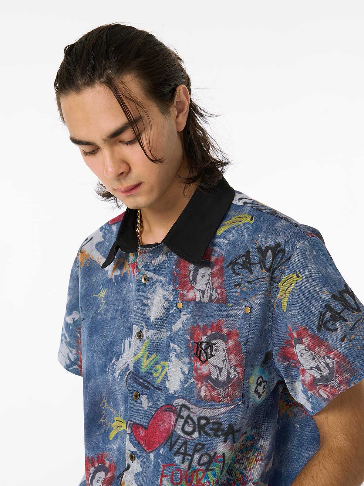 Revelse™ Tie-Dye Denim Polo T-Shirt with Graffiti Print