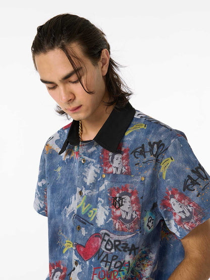 Revelse™ Tie-Dye Denim Polo T-Shirt with Graffiti Print