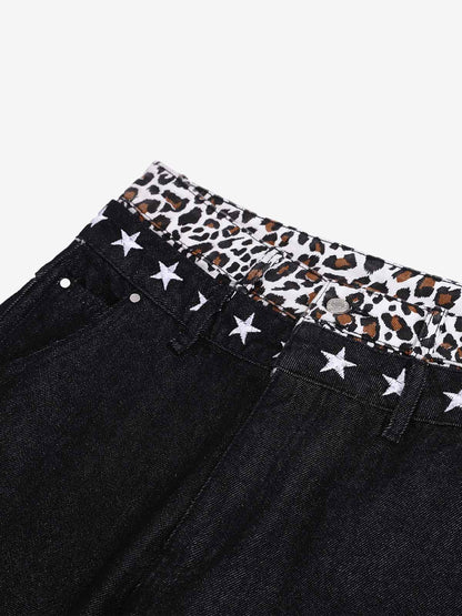 Back view of wide-leg jeans with star stitching detail