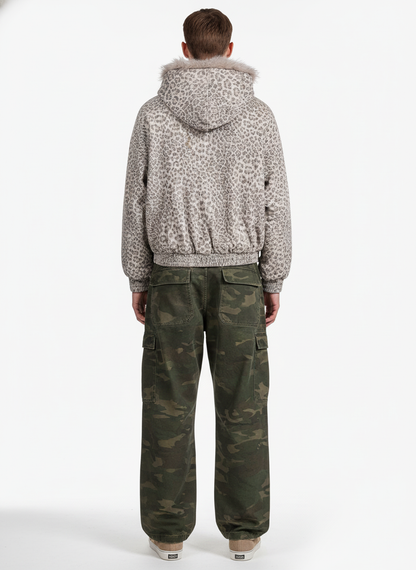 Revelse™ Cheetah Print Hooded Jacket with Faux Mink Fur Trim