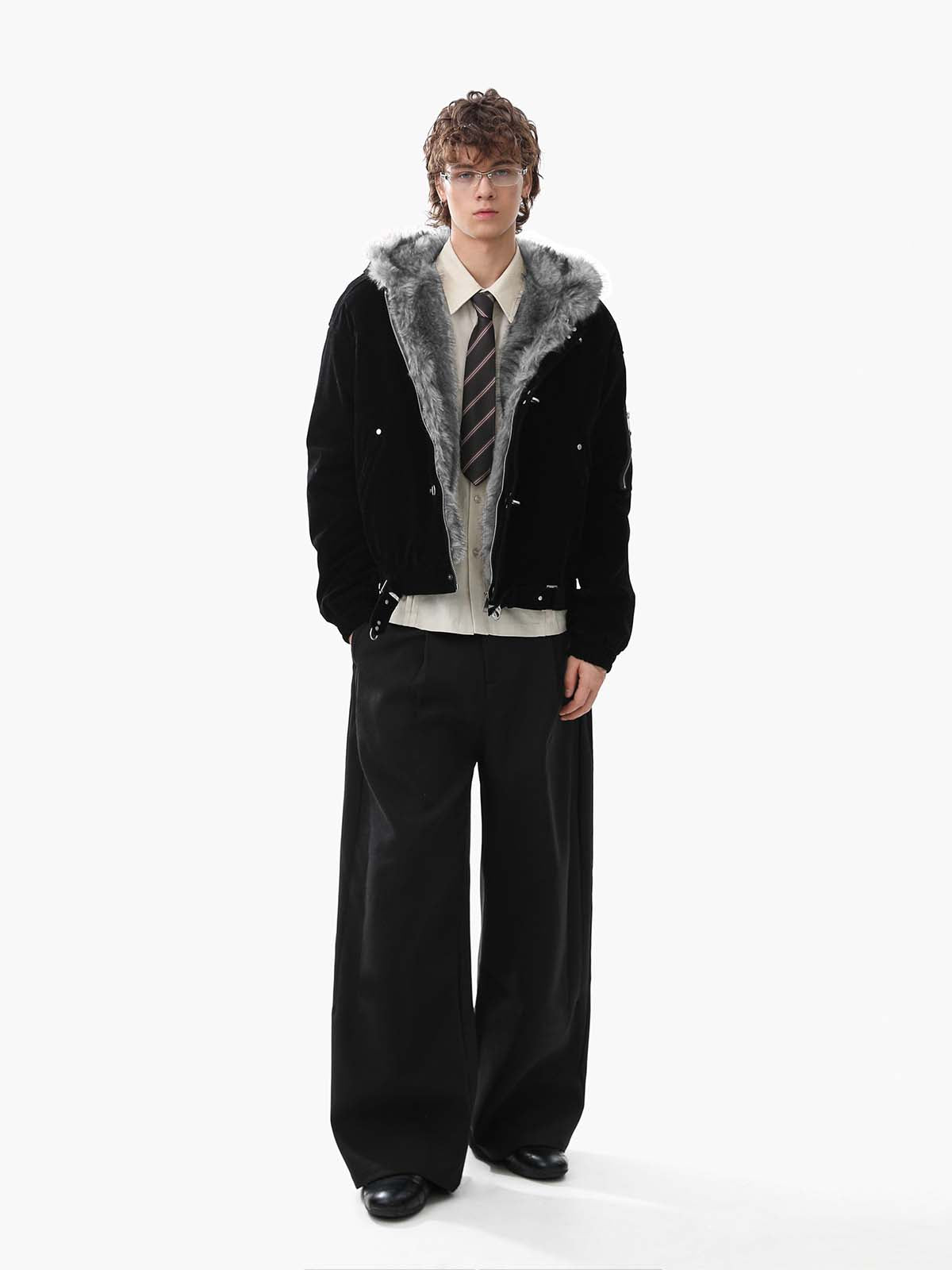 Revelse™ Faux Fur Hooded Suede Bomber Jacket with Metal Clip Streetwear