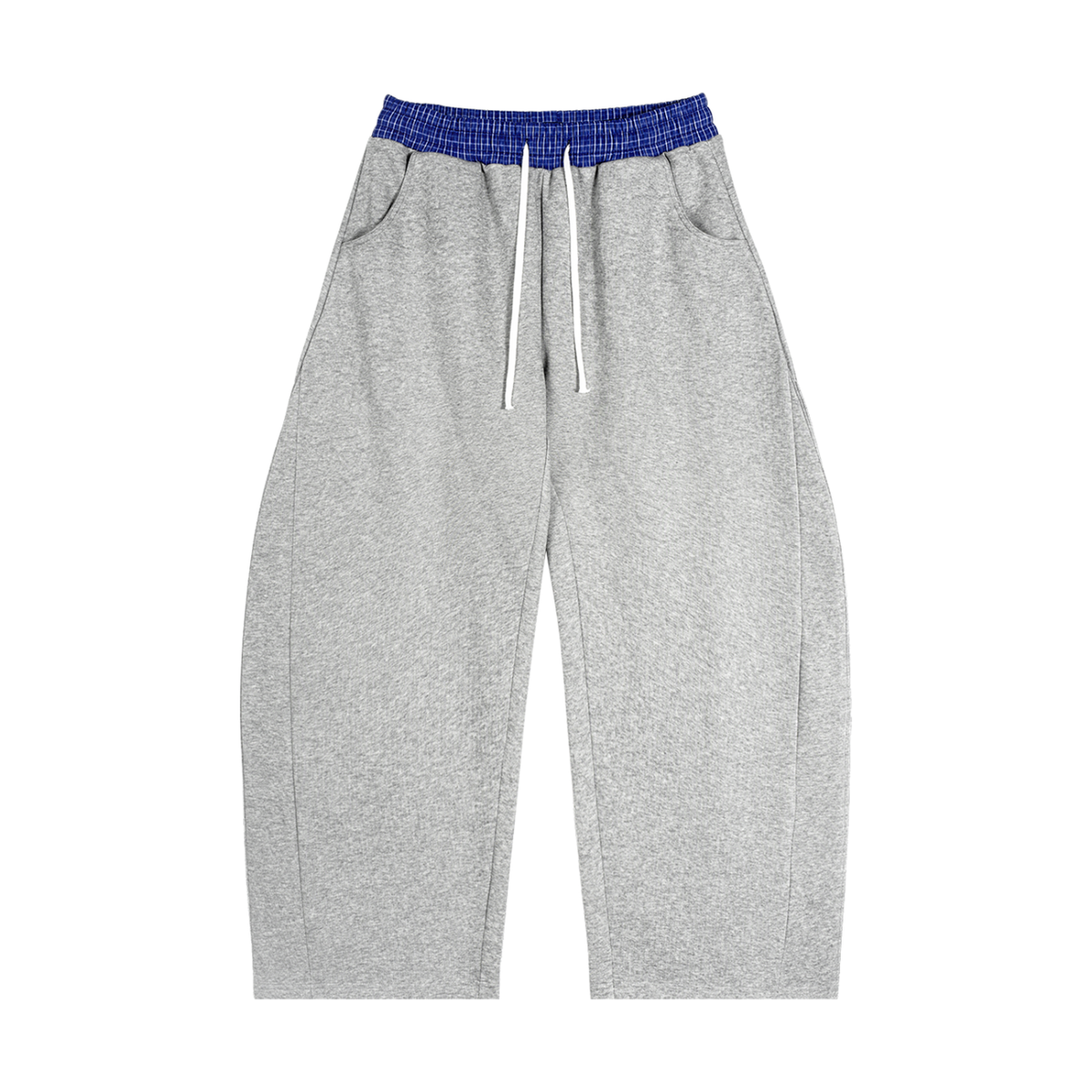 Plaid waistband barrel-leg sweatpants shown from the front