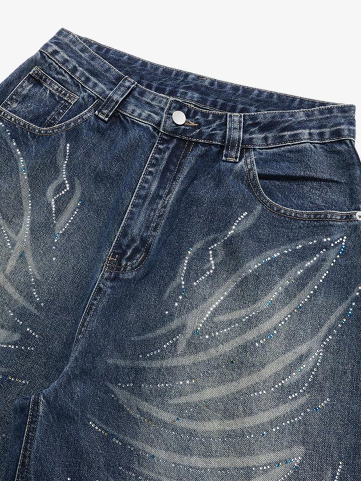 Back view of butterfly rhinestone jeans showing the denim fit and detailing
