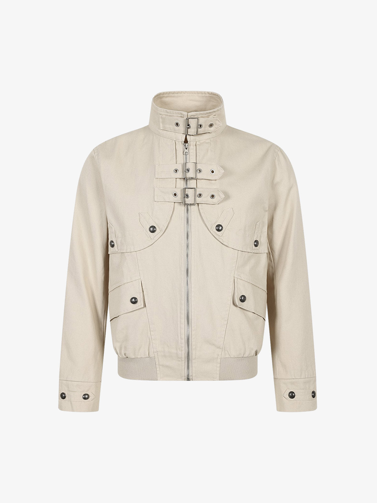 Close-up of the stand collar and button details on the work jacket