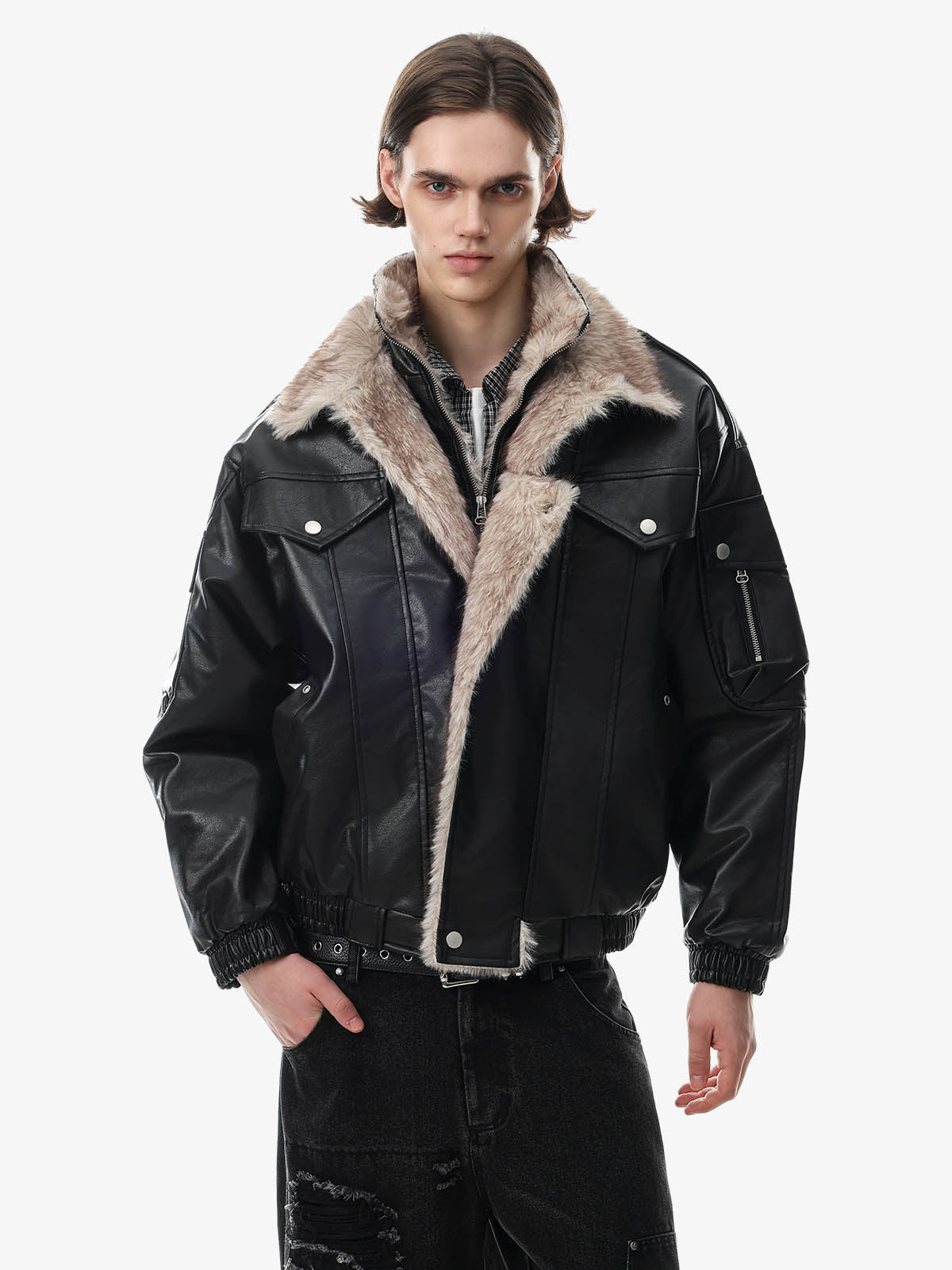 Full view of the oversized coat with faux-fur collar