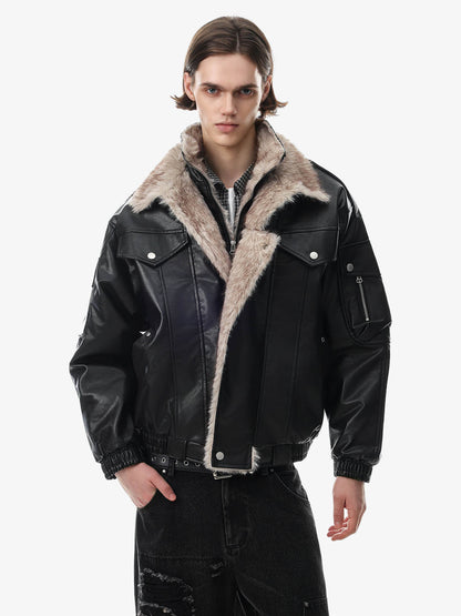 Full view of the oversized coat with faux-fur collar