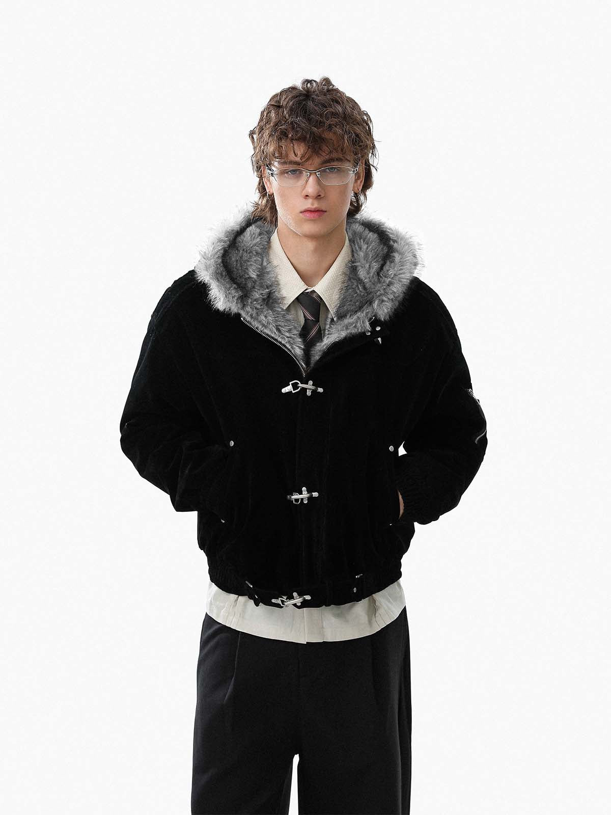 Revelse™ Faux Fur Hooded Suede Bomber Jacket with Metal Clip Streetwear