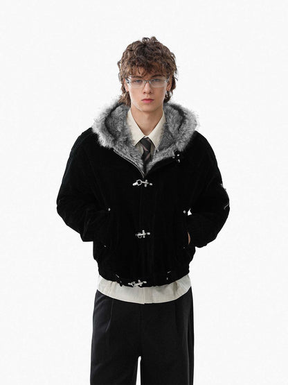 Revelse™ Faux Fur Hooded Suede Bomber Jacket with Metal Clip Streetwear