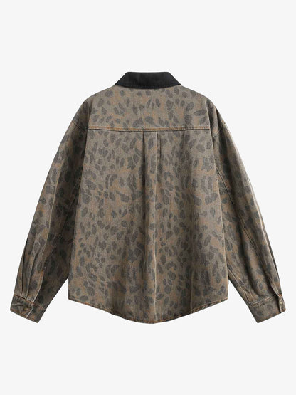 Revelse™ Distressed Cheetah Print Denim Shirt Vintage Style