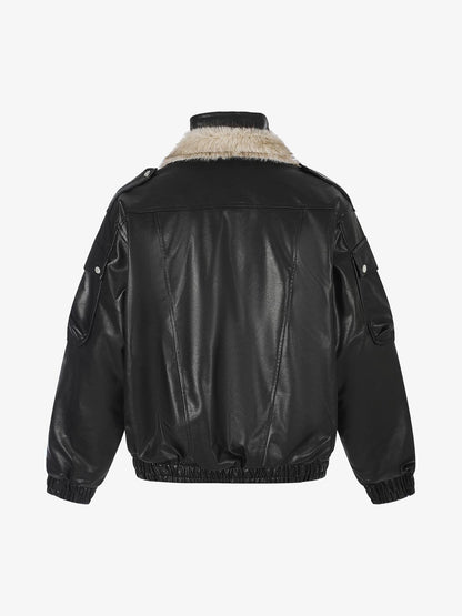 Close-up of the soft faux-fur collar and padded coat texture