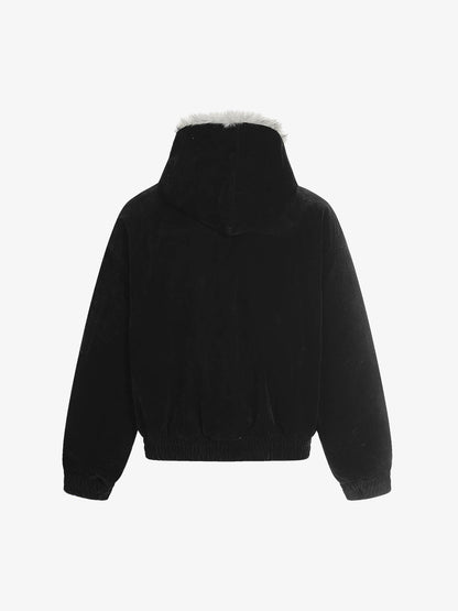 Revelse™ Faux Fur Hooded Suede Bomber Jacket with Metal Clip Streetwear