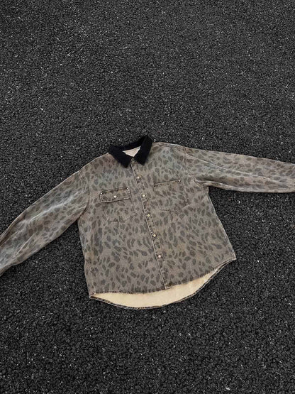 Revelse™ Distressed Cheetah Print Denim Shirt Vintage Style