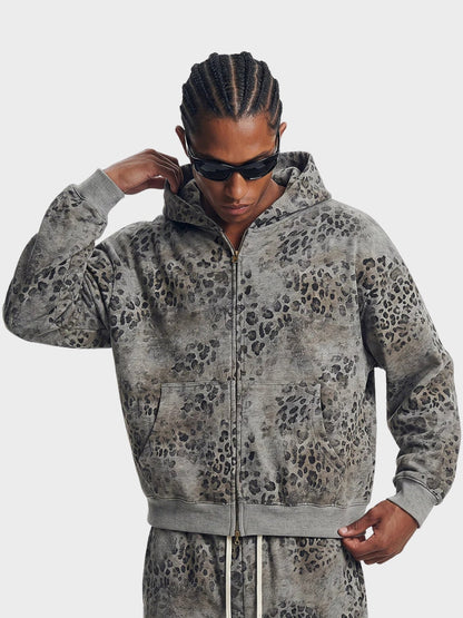 Revelse™ Leopard Print Vintage Washed Zip Hoodie Thick Cotton