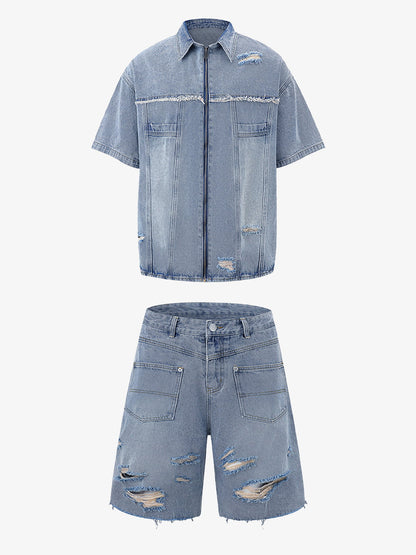 Revelse™ Men's Ripped Distressed Denim Jacket and Pants Set