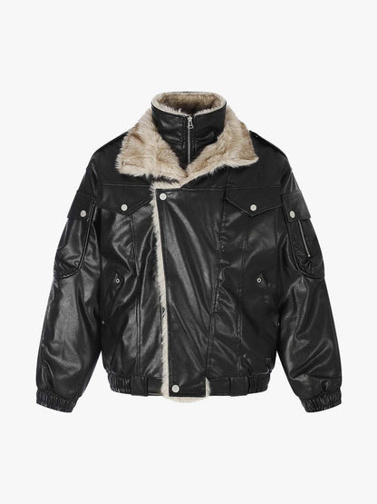 Faux-fur collar detail on an oversized padded coat