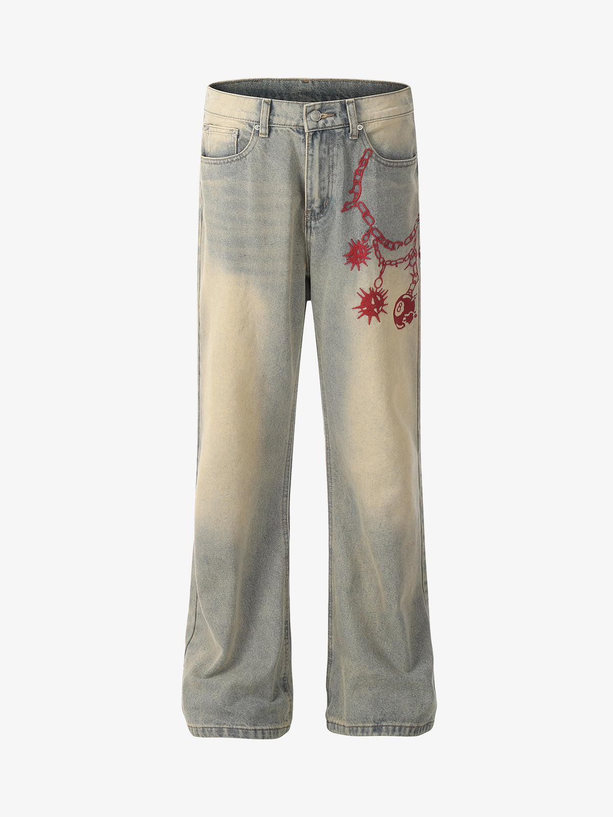 Distressed Wide-Leg Jeans With Red Embroidered Detail