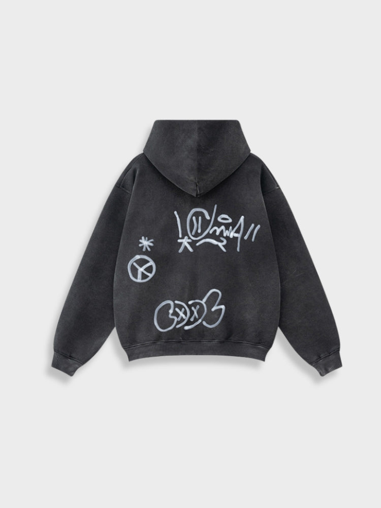 Revelse™ Unisex Graffiti Print Washed Zip-Up Hoodie