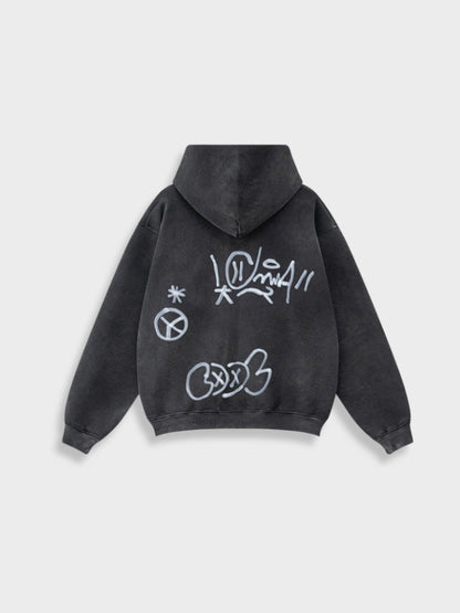 Revelse™ Unisex Graffiti Print Washed Zip-Up Hoodie