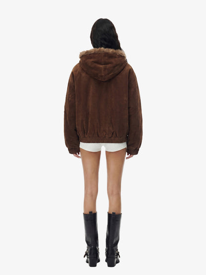 Revelse™ Faux Fur Hooded Suede Bomber Jacket with Metal Clip Streetwear