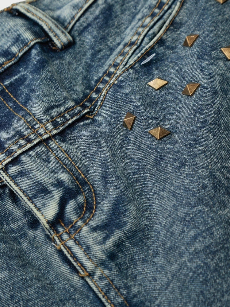 Revelse™ Longline Baggy Studded Denim Shorts Gray Blue