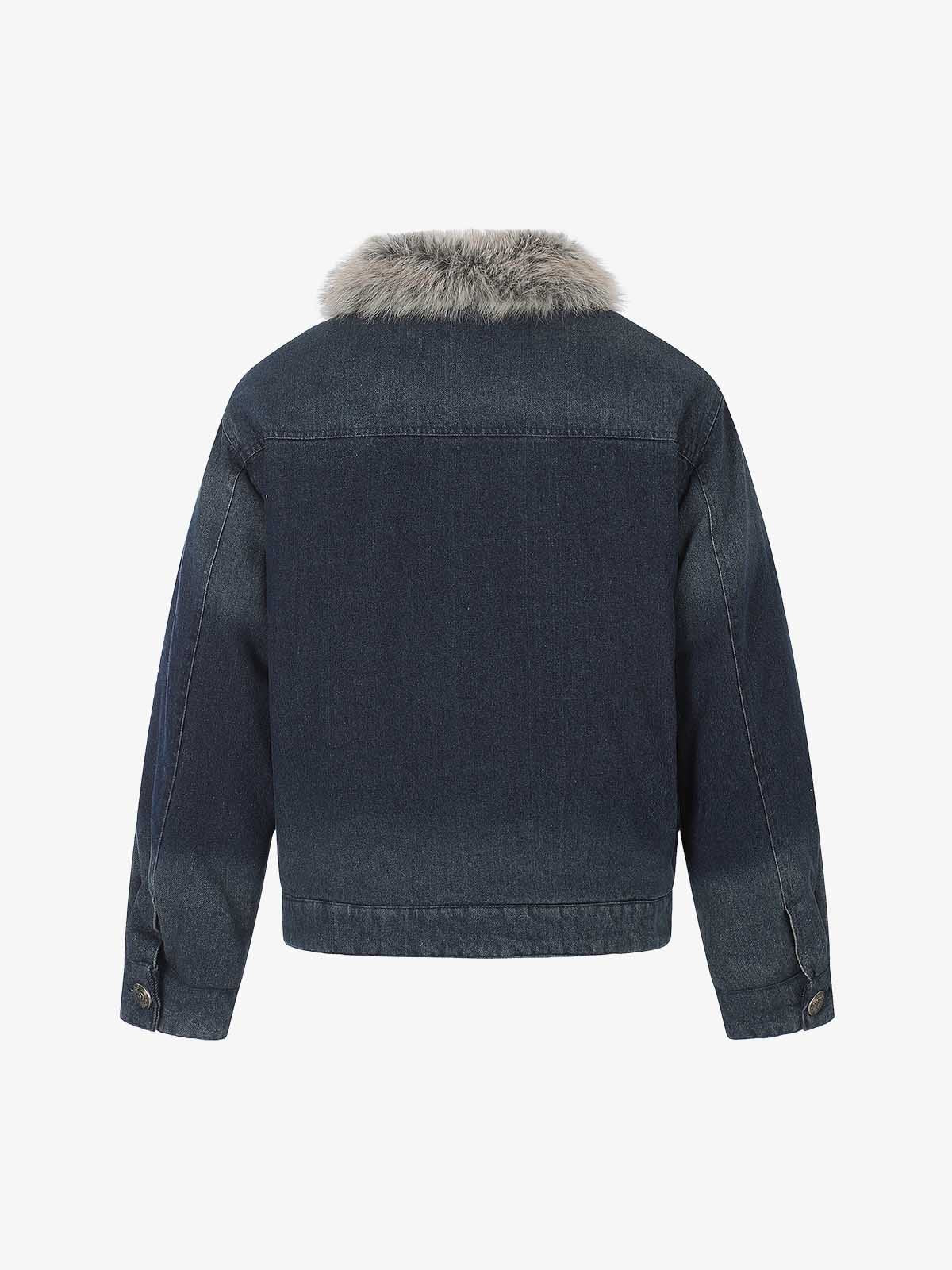 Front view of a quilted coat with a faux-fur collar
