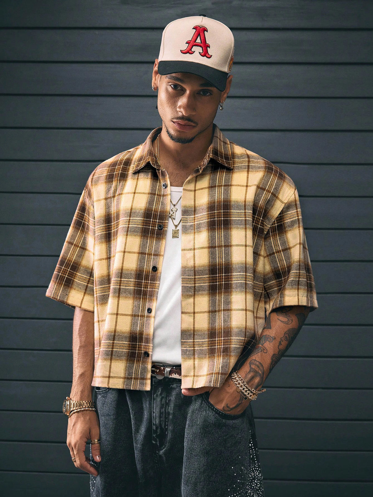 Men's Short Sleeve Checkered Polyester Shirt Yellow