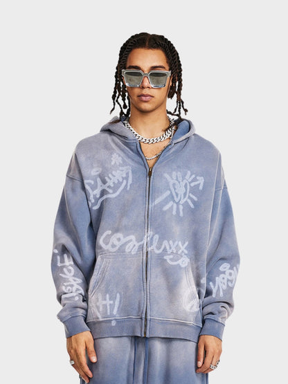 Revelse™ Unisex Graffiti Print Washed Zip-Up Hoodie