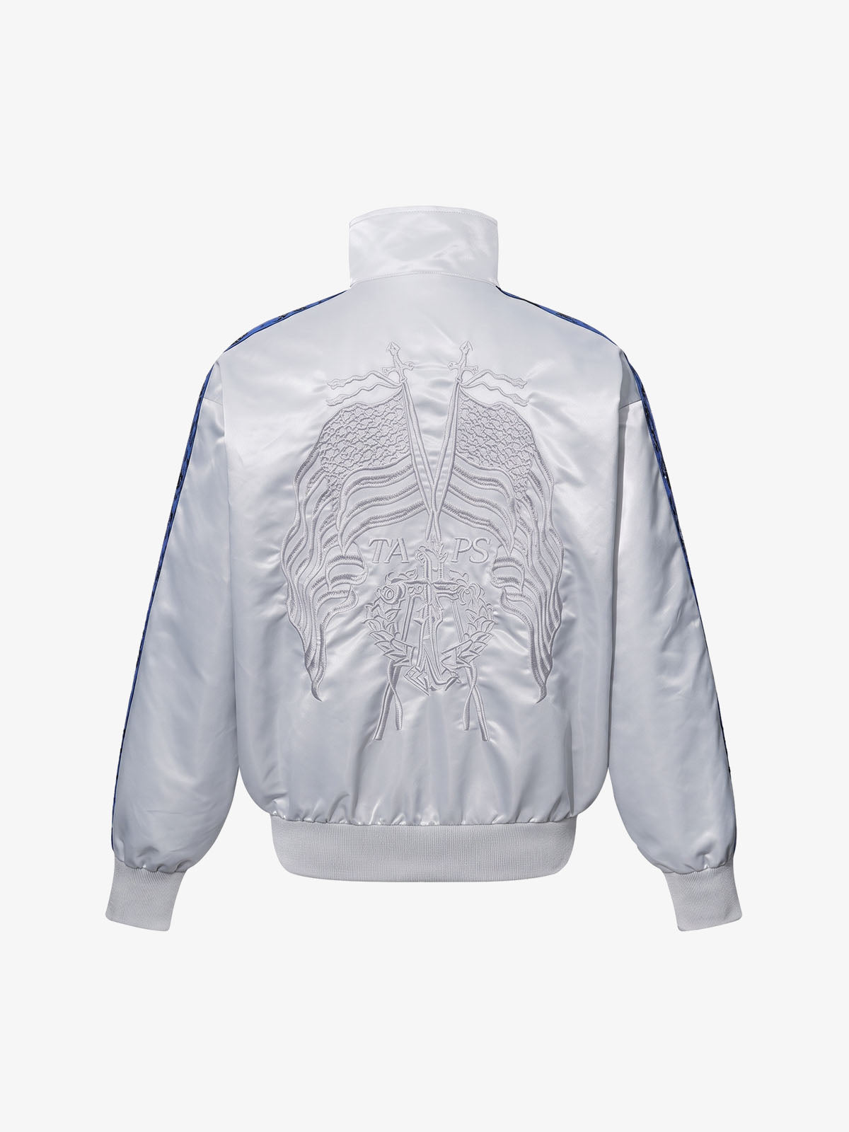 Front view of a butterfly satin jacket with a full-length zip fastening