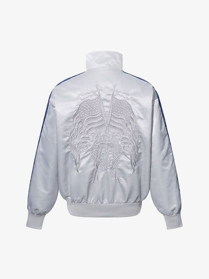 Front view of a butterfly satin jacket with a full-length zip fastening