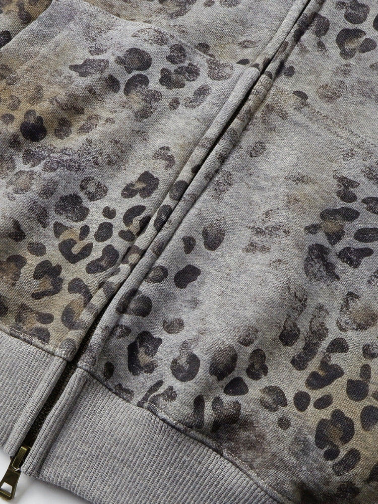 Revelse™ Leopard Print Vintage Washed Zip Hoodie Thick Cotton