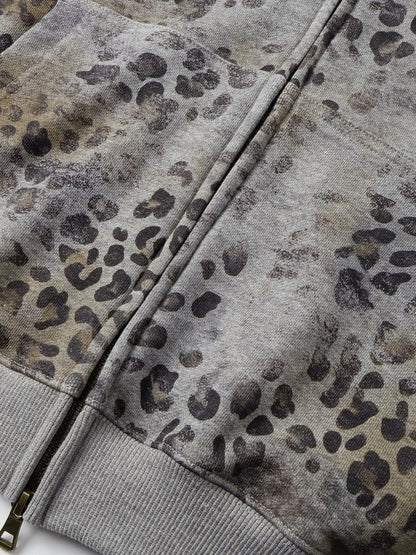 Revelse™ Leopard Print Vintage Washed Zip Hoodie Thick Cotton