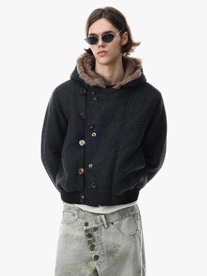 Front view of a faux-fur coat with a practical hood