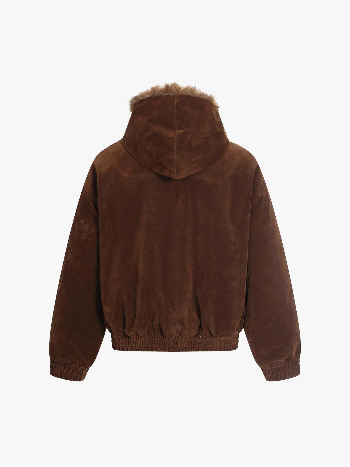 Revelse™ Faux Fur Hooded Suede Bomber Jacket with Metal Clip Streetwear