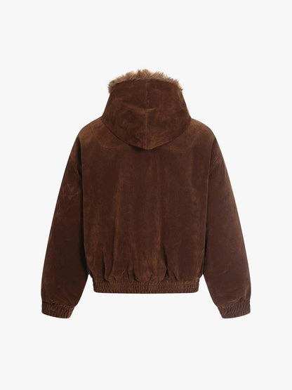 Revelse™ Faux Fur Hooded Suede Bomber Jacket with Metal Clip Streetwear