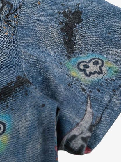 Revelse™ Tie-Dye Denim Polo T-Shirt with Graffiti Print
