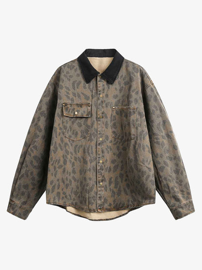 Revelse™ Distressed Cheetah Print Denim Shirt Vintage Style