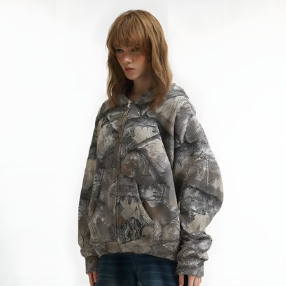 Revelse™ Camouflage Zip-Up Hoodie with Woodland Print