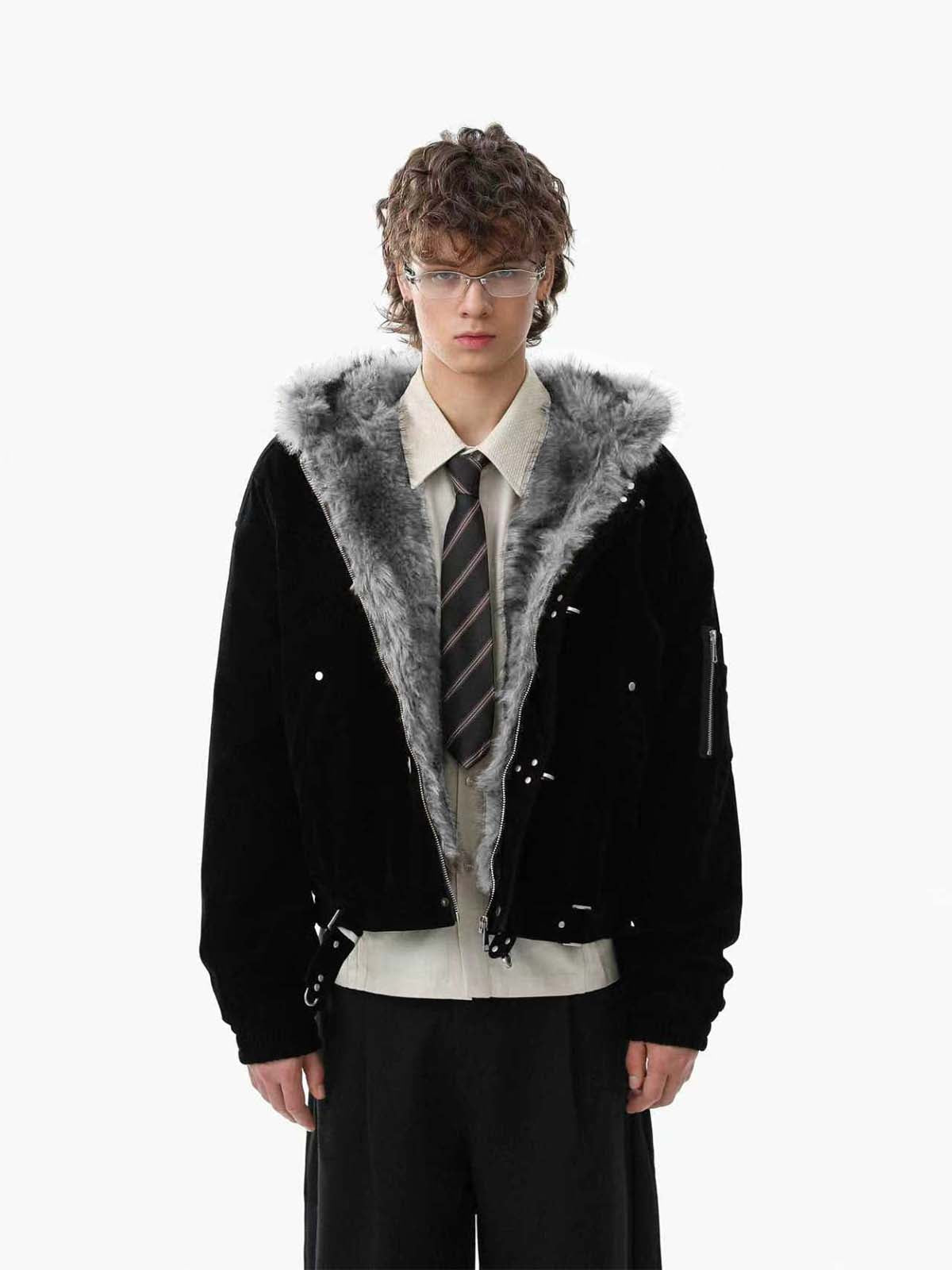 Revelse™ Faux Fur Hooded Suede Bomber Jacket with Metal Clip Streetwear