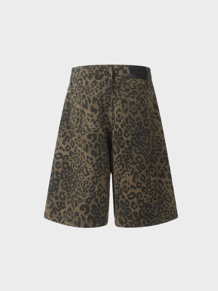 Revelse™ Leopard Print Wide-Leg Denim Shorts