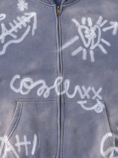 Revelse™ Unisex Graffiti Print Washed Zip-Up Hoodie