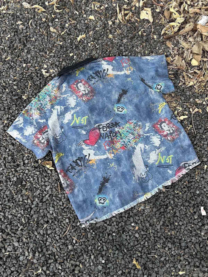 Revelse™ Tie-Dye Denim Polo T-Shirt with Graffiti Print