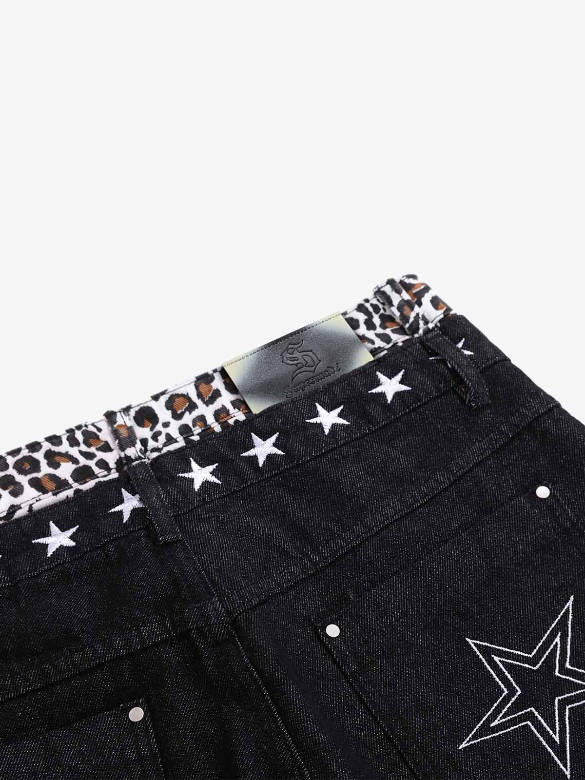 Side view of wide-leg jeans with leopard trim detail